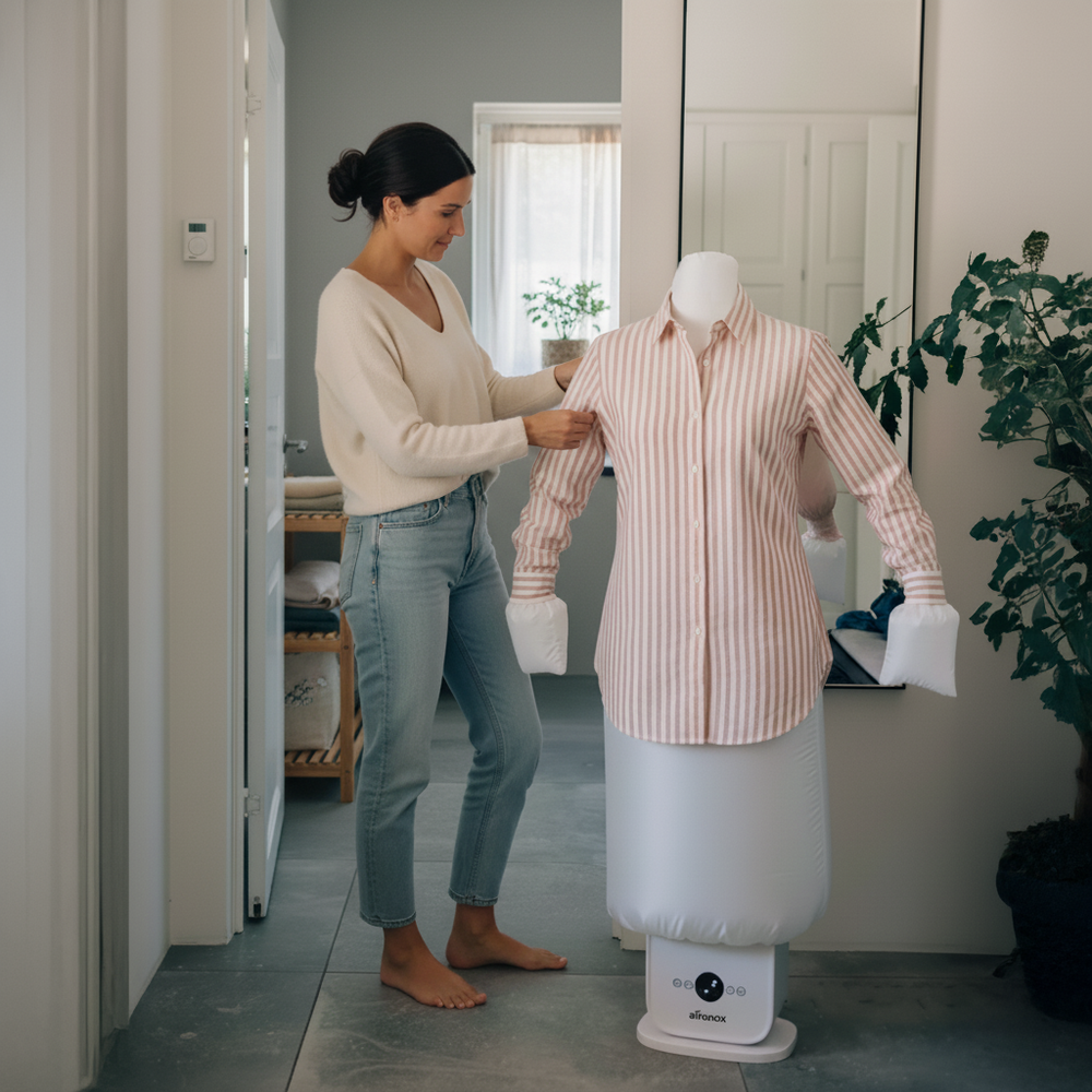 A woman adjusting a striped shirt on Aironox HOME