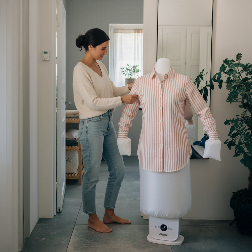 A woman adjusting a striped shirt on Aironox HOME
