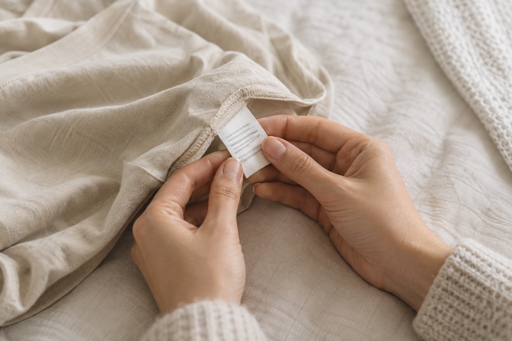 Hands checking the care label sewn into a neutral cotton garment